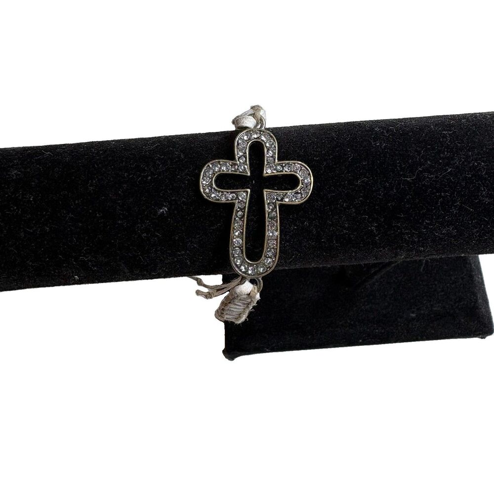 Cross Rhinestone Christian Braided Cream Tan Bracelet Adjustable sizing Womens